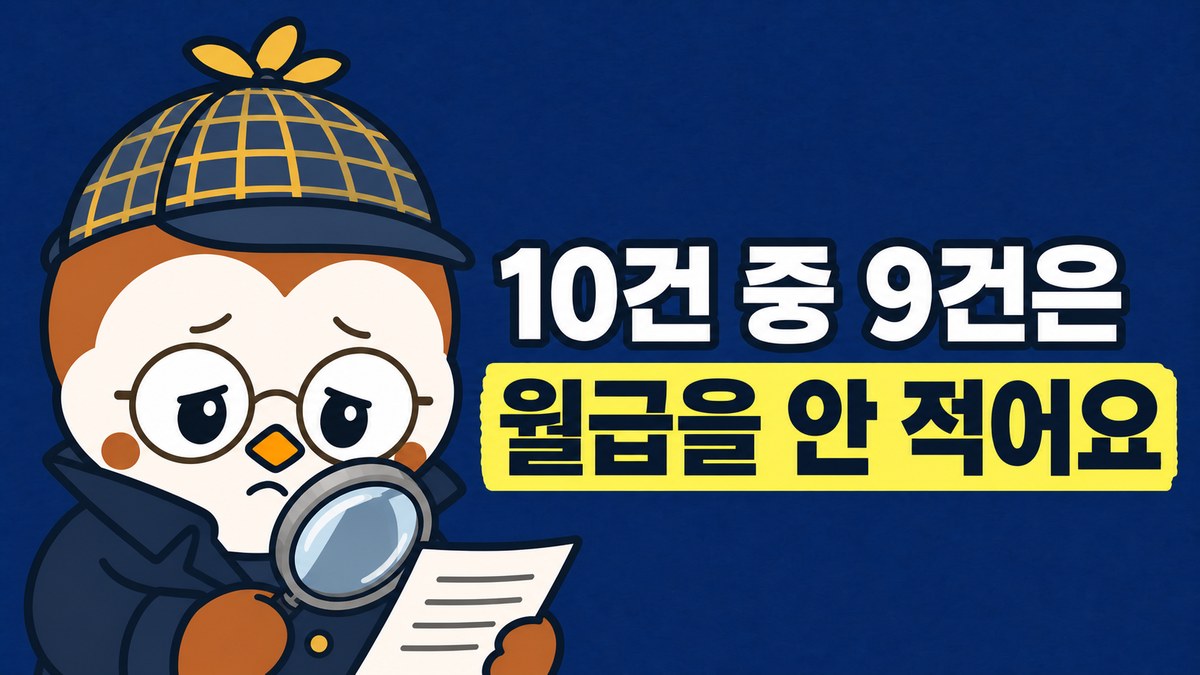 탐정 모자를 쓴 참새 선생님이 돋보기로 공고를 들여다보는 그림. 「10건 중 9건은 / 월급을 안 적어요」라고 적혀 있어요